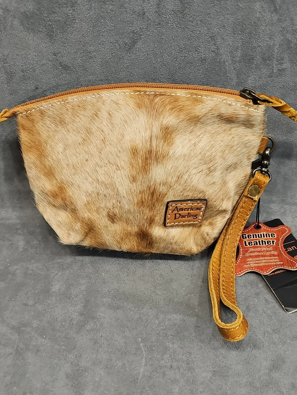 American Darling Cowhide Leather Wristlet Makeup Bag Brindle Western Cowgirl